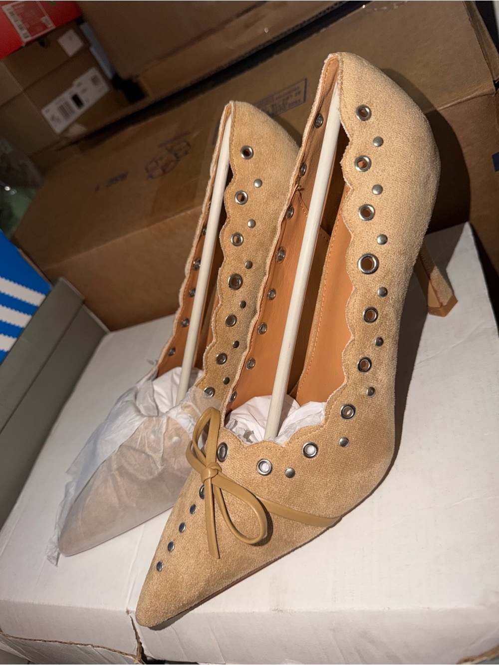 Women's Tan Suede Pointed-Toe Heels with Eyelet Detail